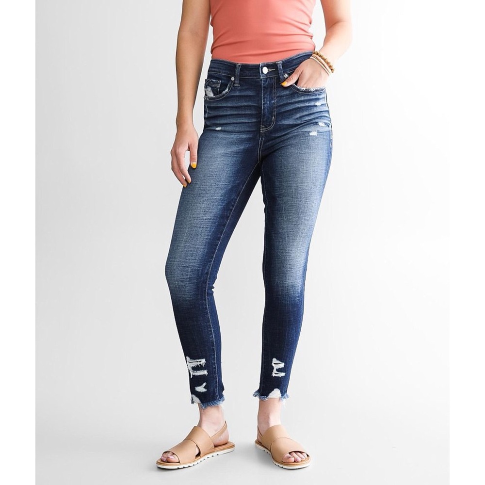 Buckle High Rise Distressed Ankle Skinny Jeans - Dark Blue